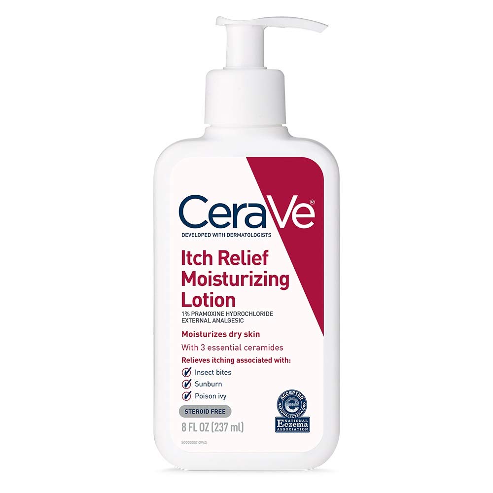 CeraVe Anti Itch Lotion bottle showing calming relief and barrier care.