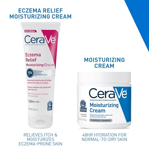 CeraVe Eczema Relief Cream application on hand illustrates gentle rubbing.