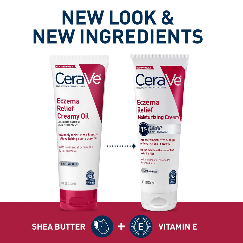 CeraVe Eczema Relief Cream jar closeup emphasizes fragrance-free, gentle care.