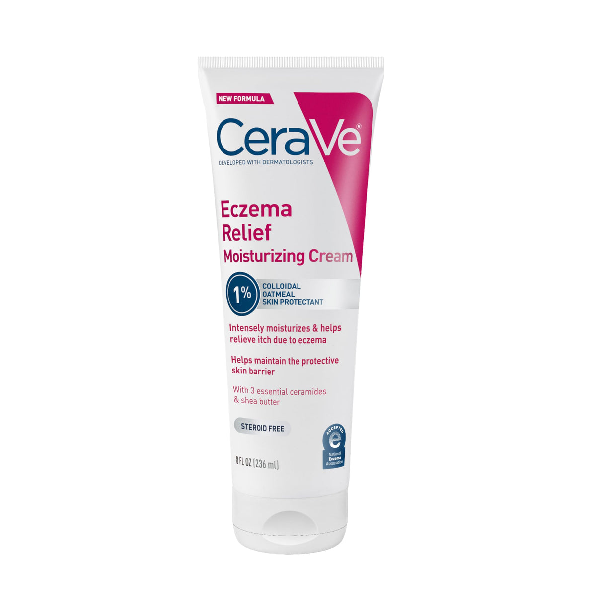 CeraVe Eczema Relief Cream jar shows soothing formula for dry, itchy skin.