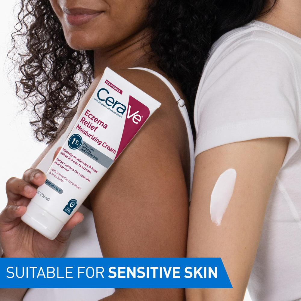 CeraVe Eczema Relief Cream on skin demonstrates 48-hour hydration potential.