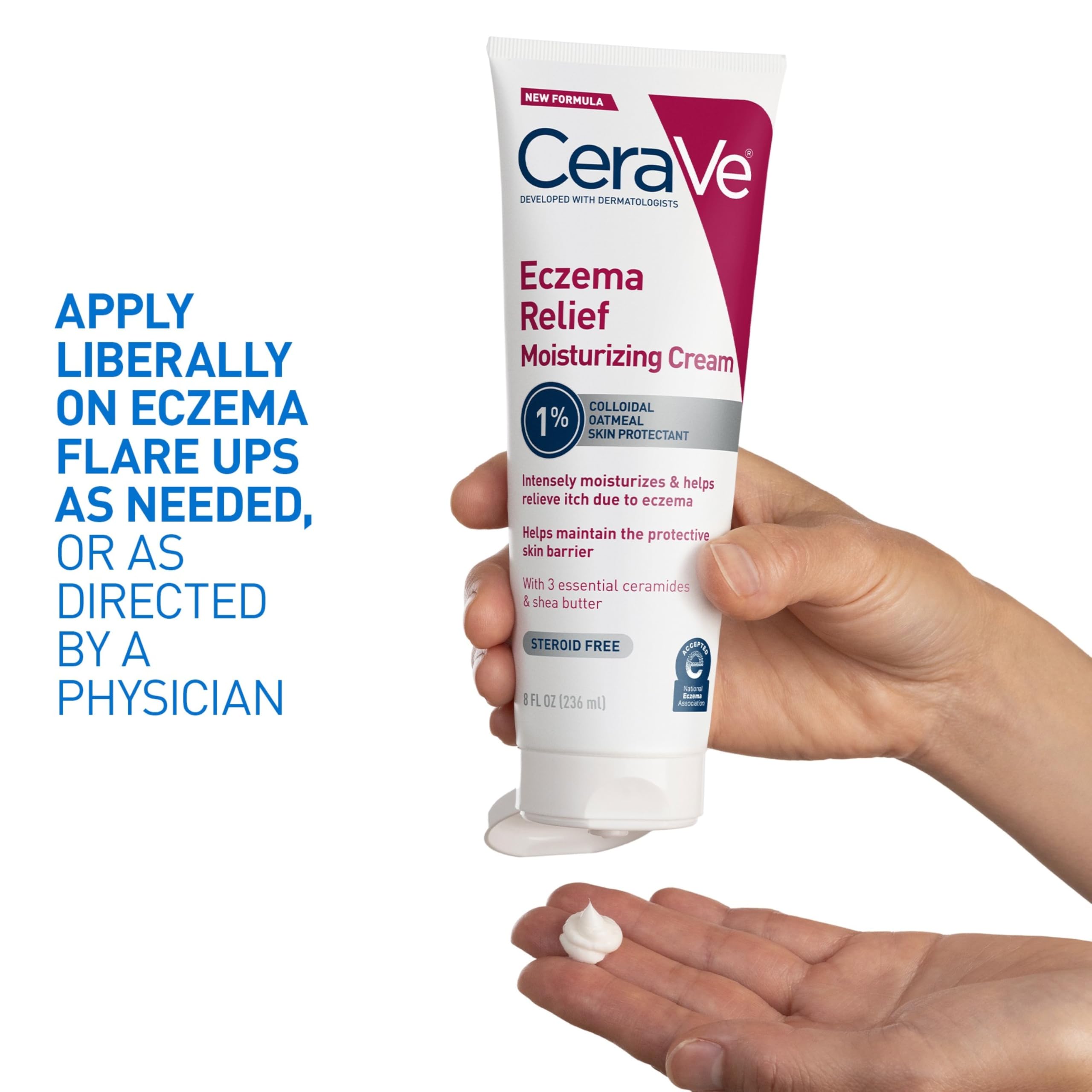 CeraVe Eczema Relief Cream packaging box highlights steroid- and paraben-free formula.