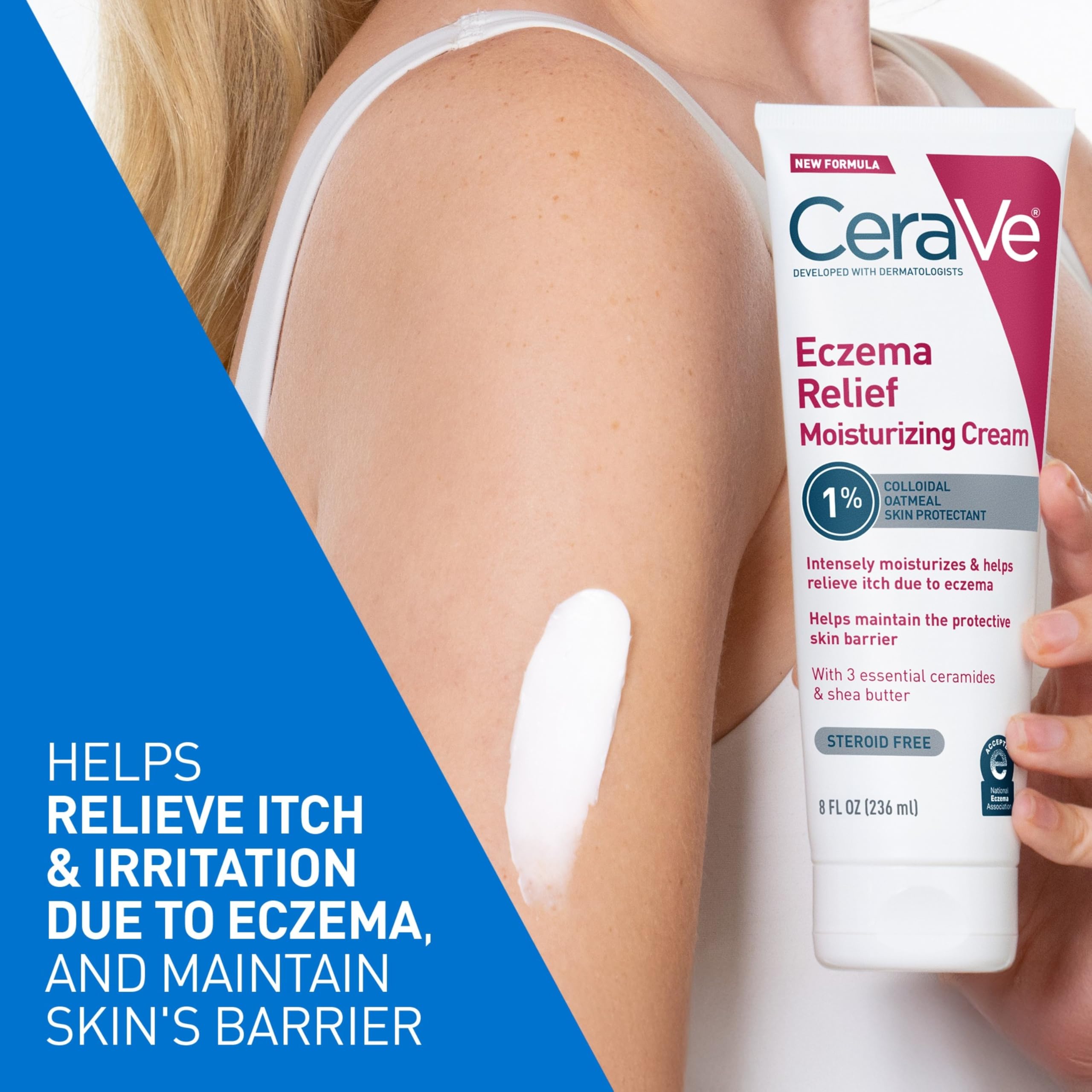 CeraVe Eczema Relief Cream texture swatch demonstrates lightweight, non-greasy cream.