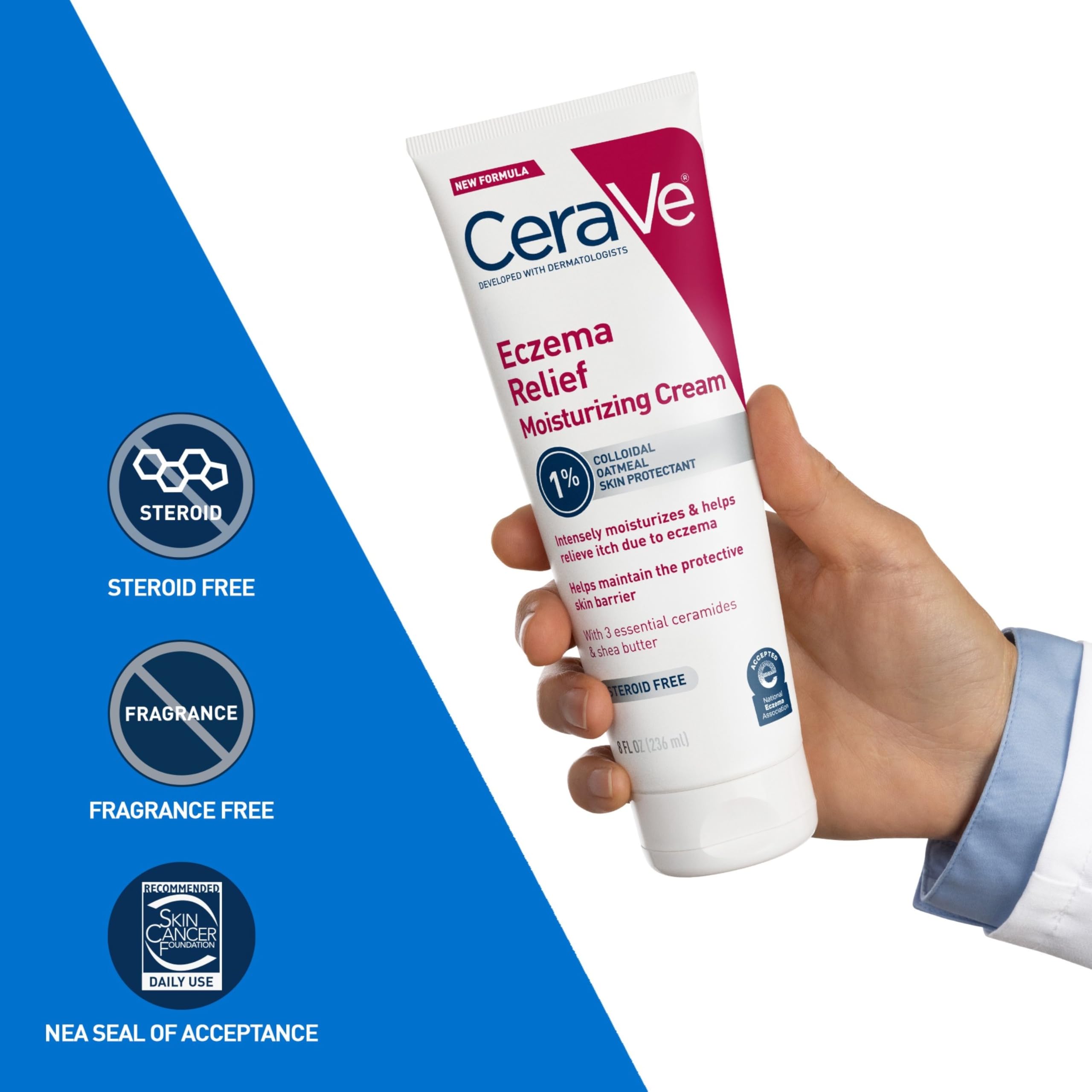 CeraVe Eczema Relief Cream tub open reveals smooth, creamy texture.