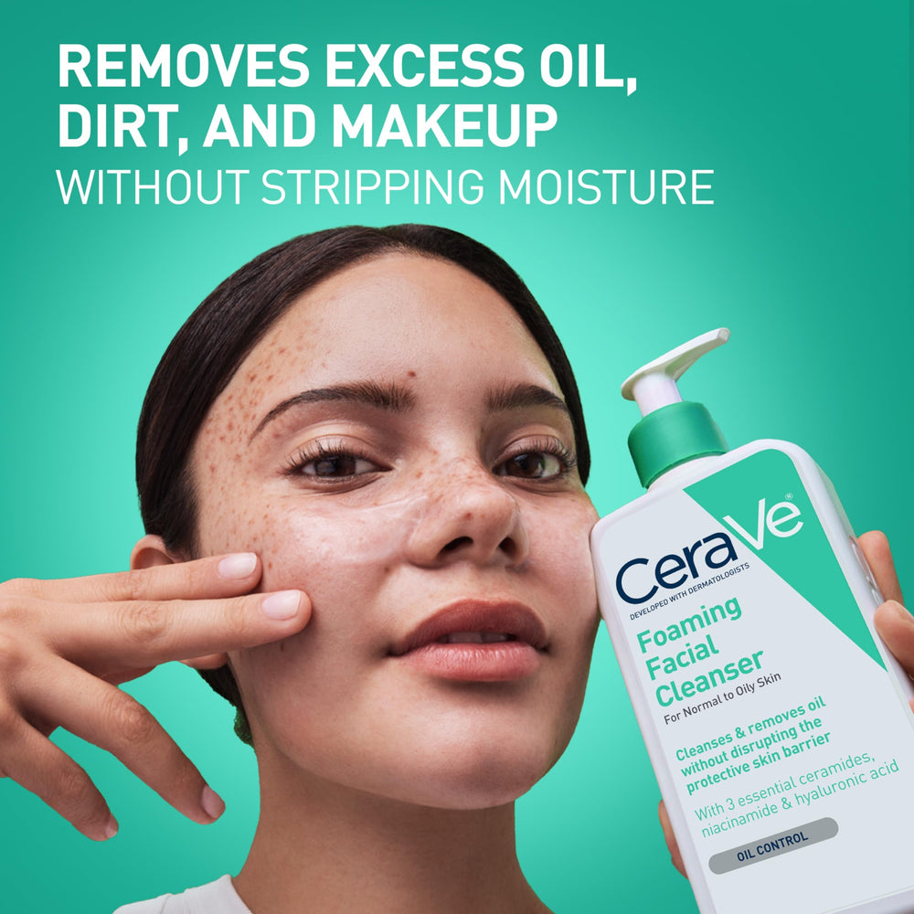 CeraVe Foaming Cleanser in hand creates light foam for gentle cleansing