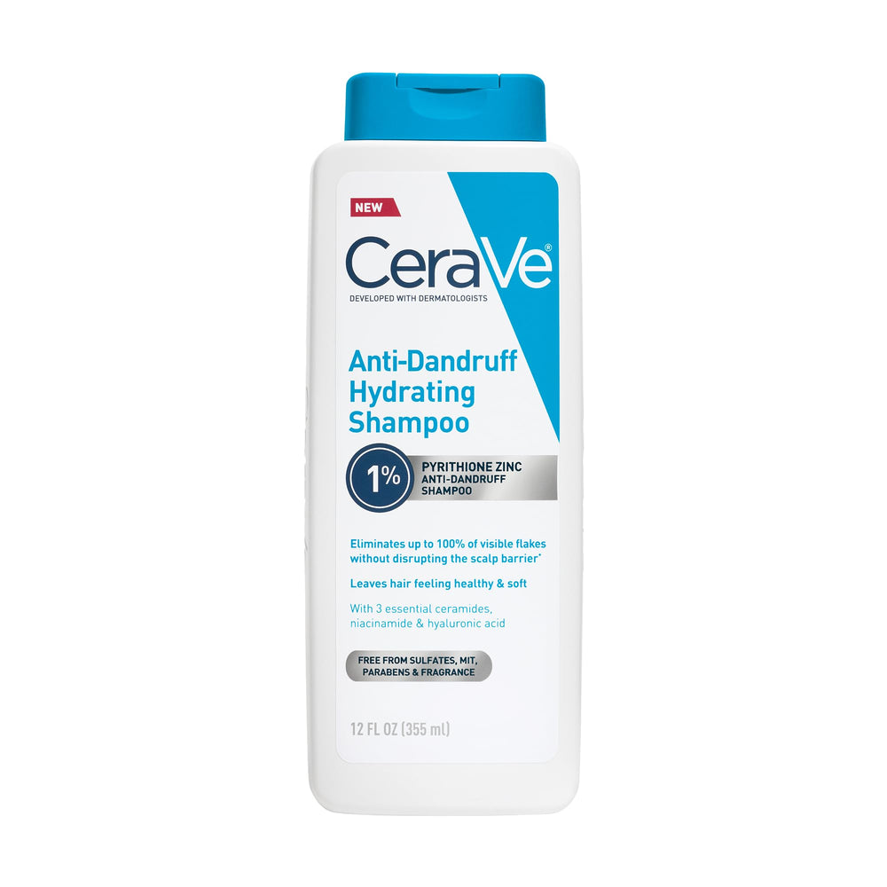 CeraVe Hydrating Anti-Dandruff Shampoo bottle promoting gentle, sulfate-free scalp care.