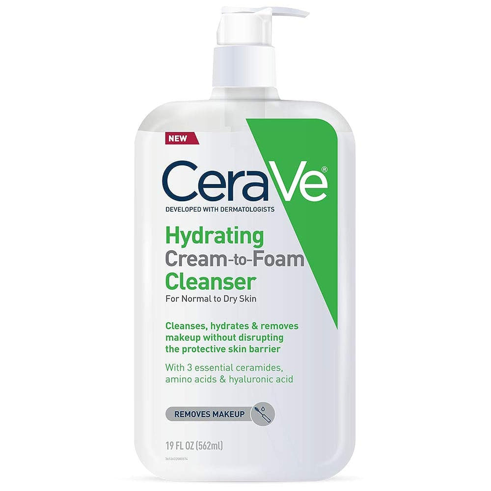 Cerave Hydrating Cream-to-Foam Cleanser packaging on shelf for dry skin.