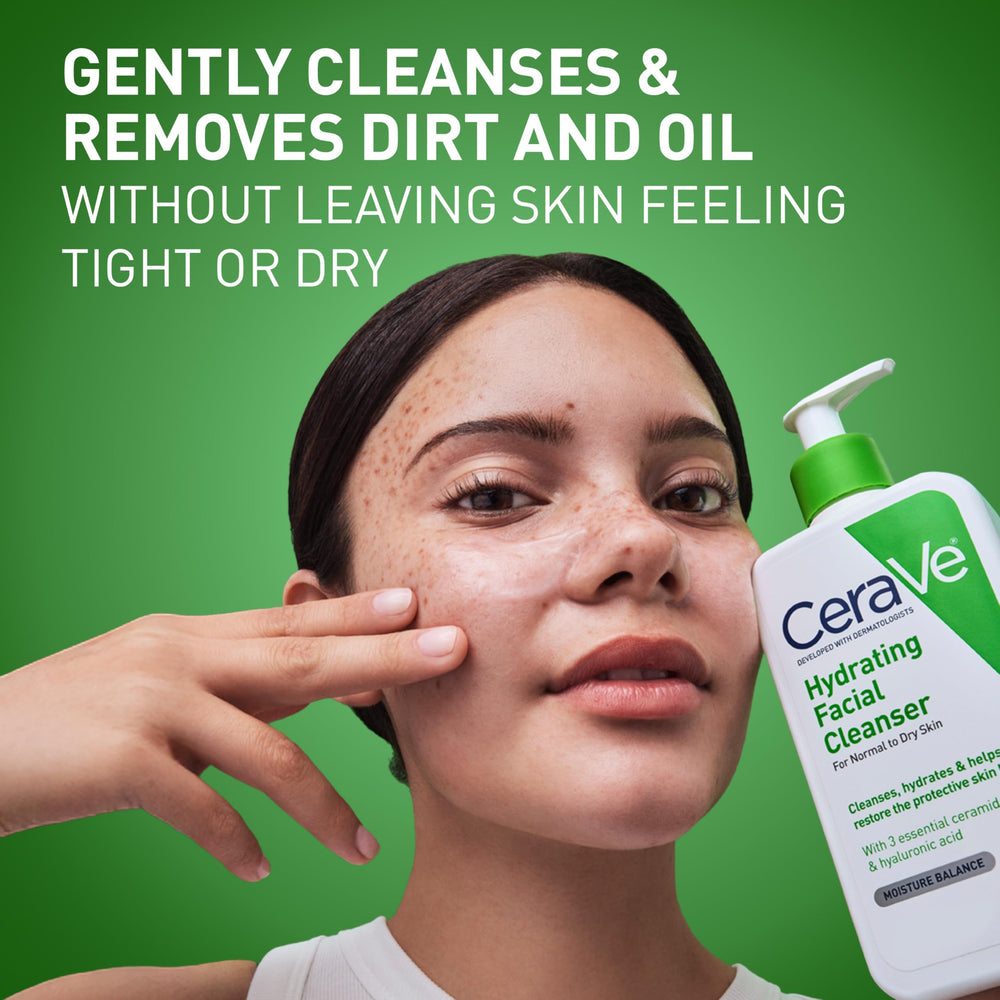 CeraVe Hydrating Daily Cleanser being applied for a gentle, non-foaming cleanse