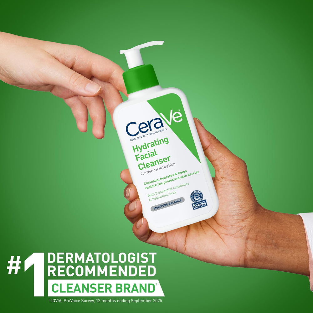 NEA-certified CeraVe Hydrating Facial Cleanser box highlighting dermatologist-backed formula