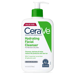 CeraVe Hydrating Facial Cleanser bottle showing fragrance-free daily cleansing for 24-hour moisture