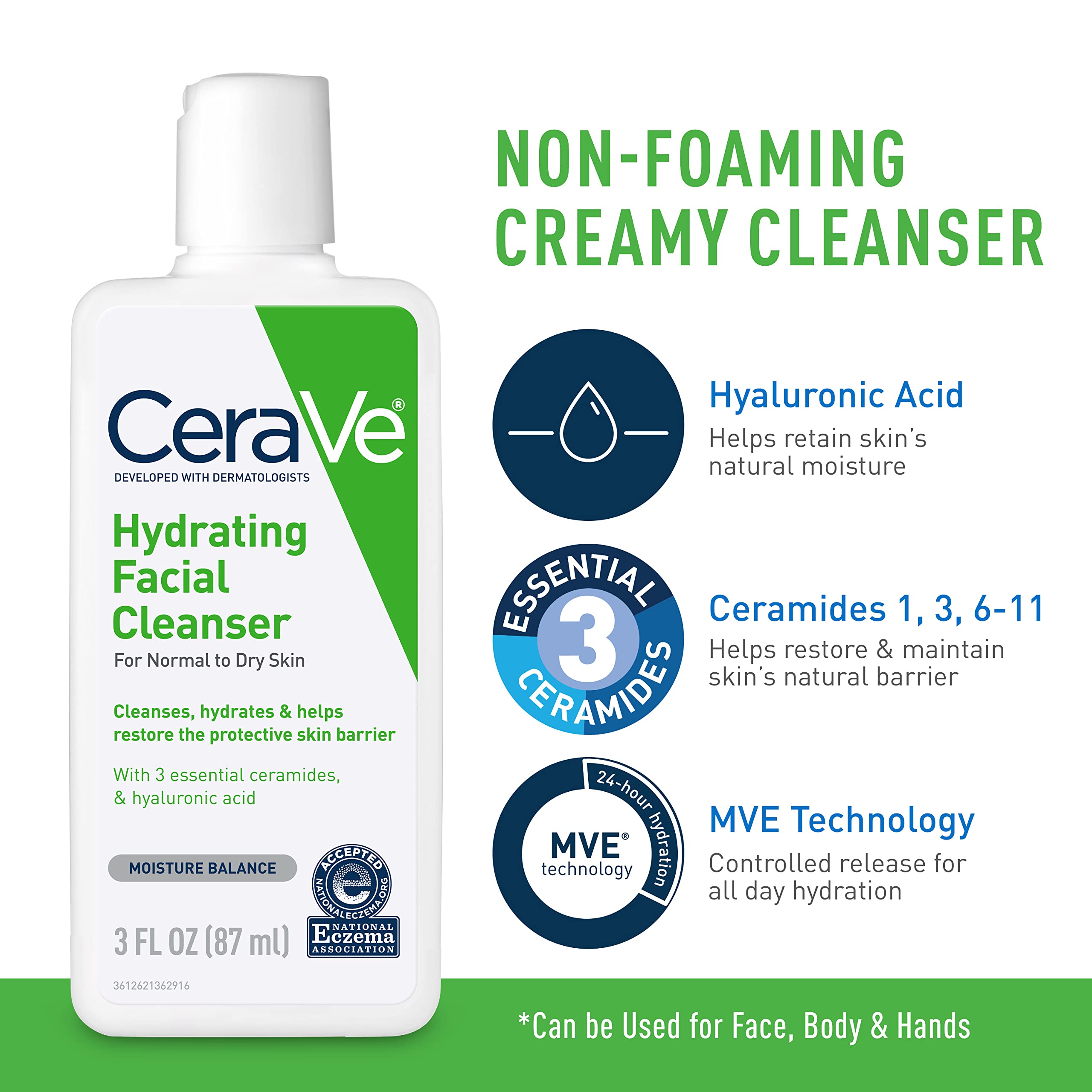 CeraVe Hydrating Facial Cleanser texture showing gentle cleansing
