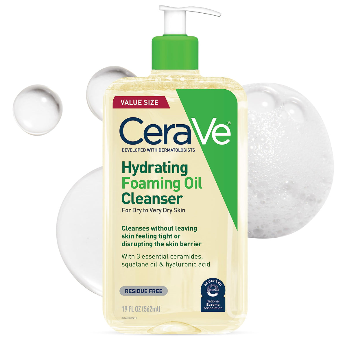 CeraVe Hydrating Foaming Oil Cleanser bottle shows fragrance-free formula for sensitive skin.