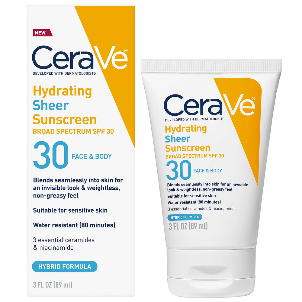 Cerave Hydrating Sheer Sunscreen face bottle shows hydration-friendly protection.