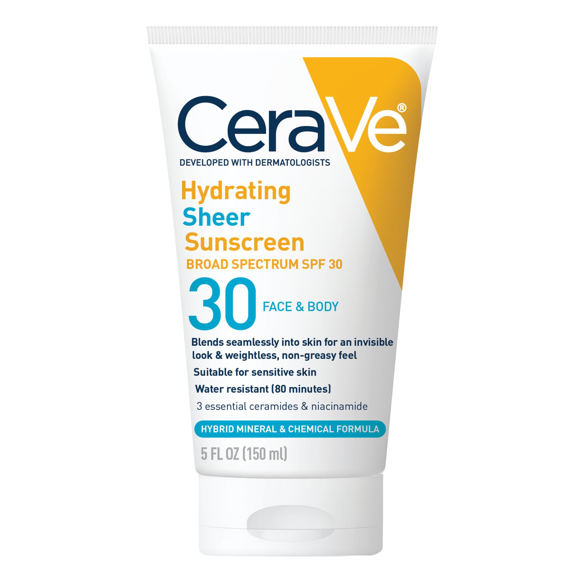 CeraVe Hydrating Sheer Sunscreen on the face showing SPF 30 protection and non-greasy finish.