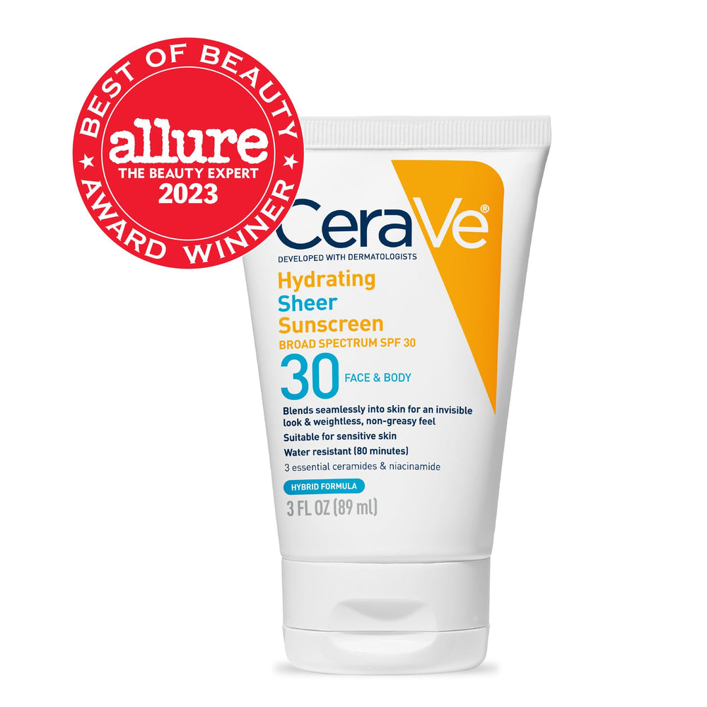 Cerave Hydrating Sheer Sunscreen face spread demonstrates easy, even application.