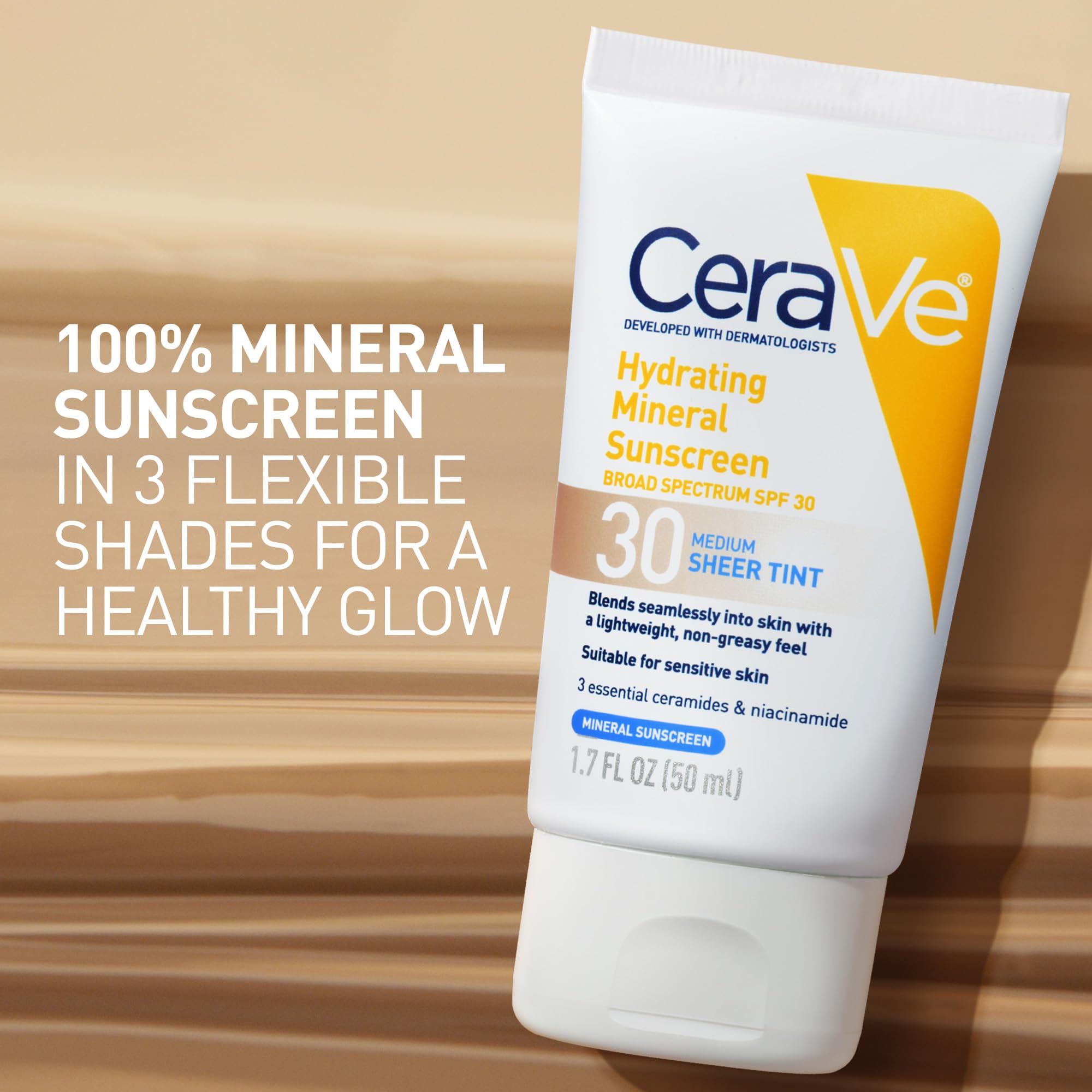 Cerave Hydrating Sunscreen SPF 30 tinted cream closeup on fingertips
