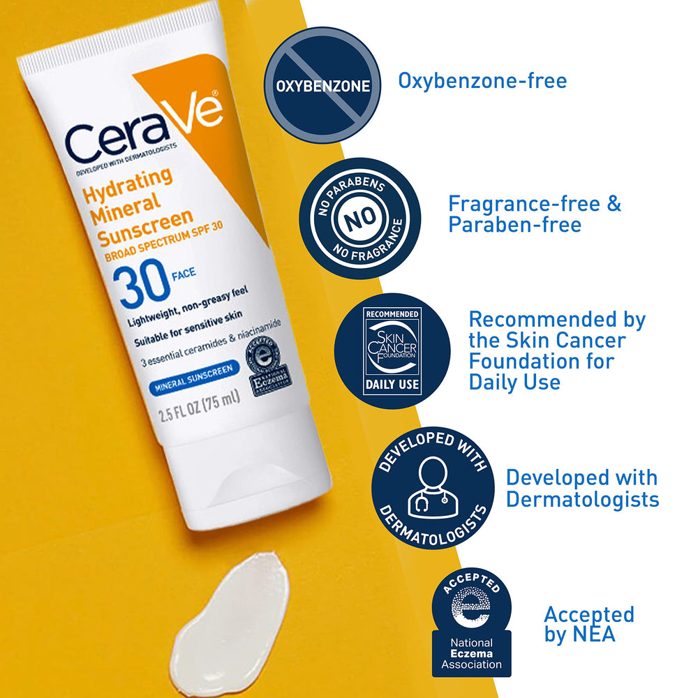 CeraVe mineral sunscreen texture closeup shows smooth, non-greasy finish.