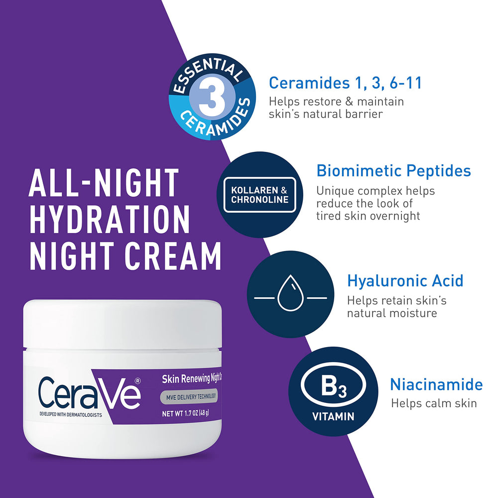 Close-up of CeraVe Night Cream label indicating peptides and ceramides for barrier support.