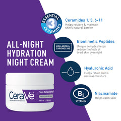 Close-up of CeraVe Night Cream label indicating peptides and ceramides for barrier support.