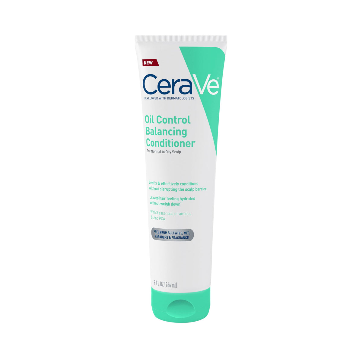 CeraVe Oil Control Balancing Conditioner bottle pour demonstrates lightweight hydration for oily hair.