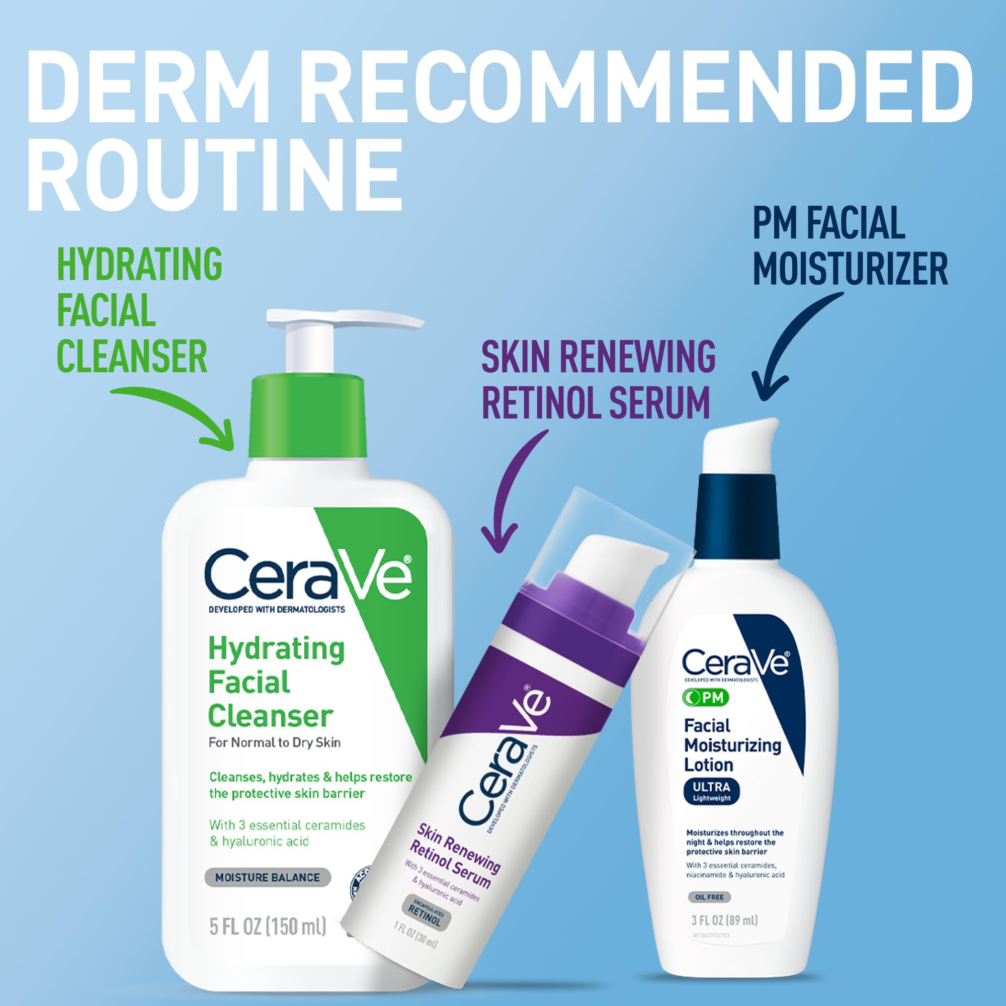 CeraVe PM oil-free formula label indicating a non-greasy finish for the complexion.
