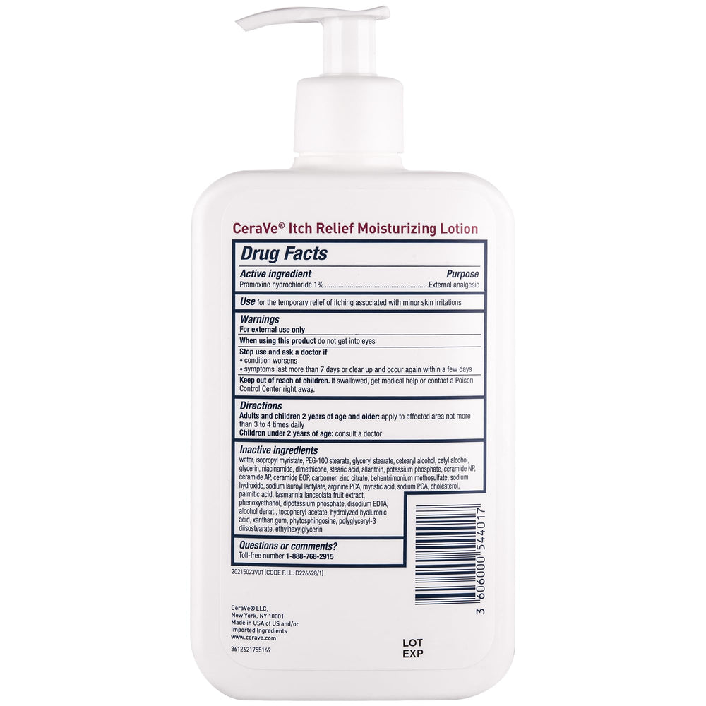 Close-up of Pramoxine 1% label in CeraVe Anti Itch Lotion.