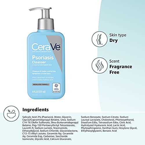 CeraVe Psoriasis Cleanser hydration-mve visual conveys 24-hour moisturization in use.
