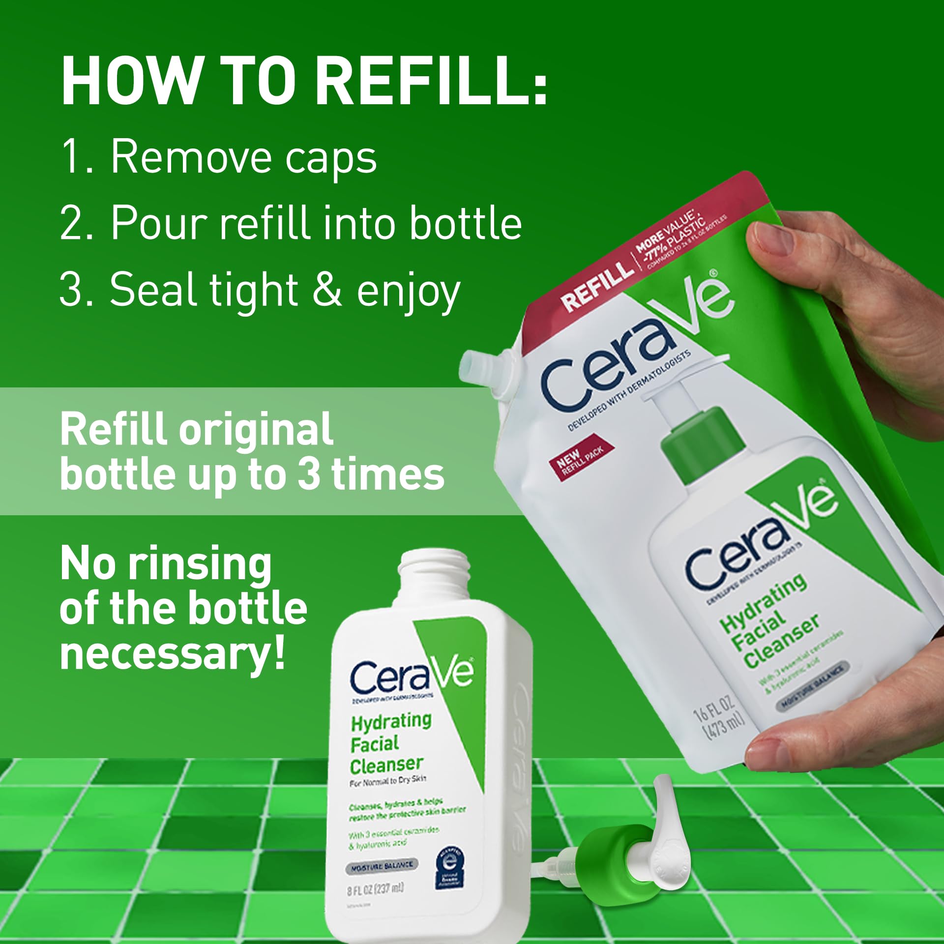 CeraVe refill packaging shown, promotes waste reduction and convenience.
