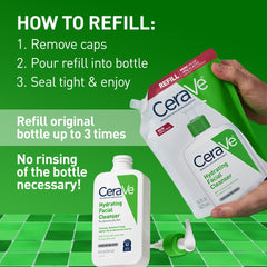 CeraVe refill packaging shown, promotes waste reduction and convenience.