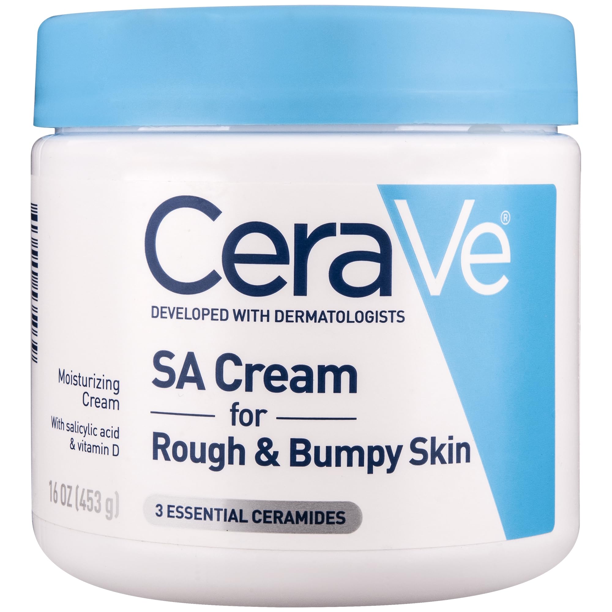 CeraVe SA Cream bottle on leg showing smoother rough skin texture