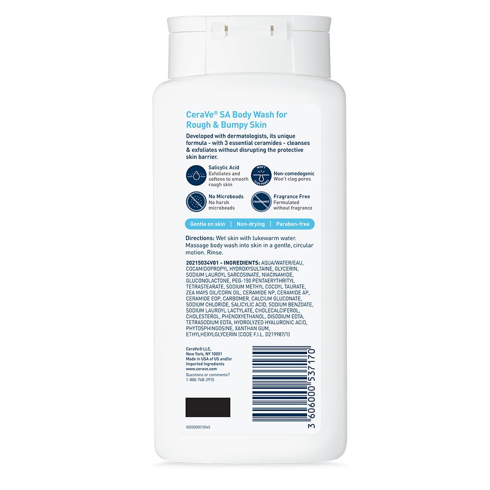 CeraVe SA Body Wash droplets image showcases 24-hour hydration with MVE.