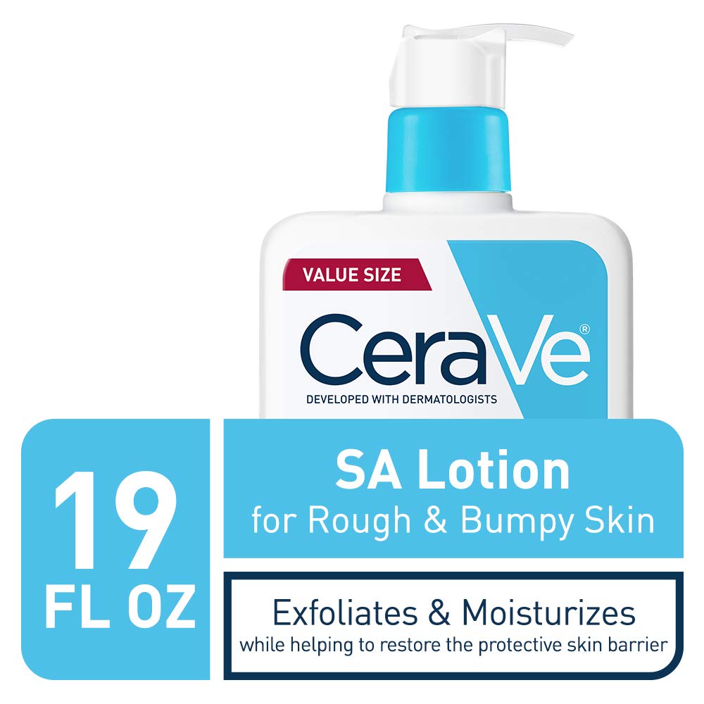 CeraVe SA Lotion close-up shows exfoliation with salicylic and lactic acids for smoother texture.