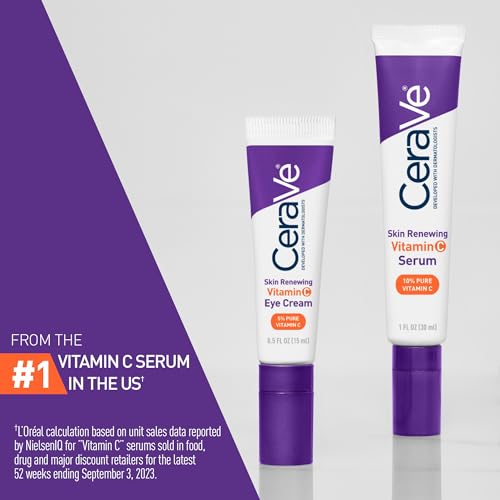 CeraVe eye cream label shows 5% vitamin C for antioxidant support and brightening.