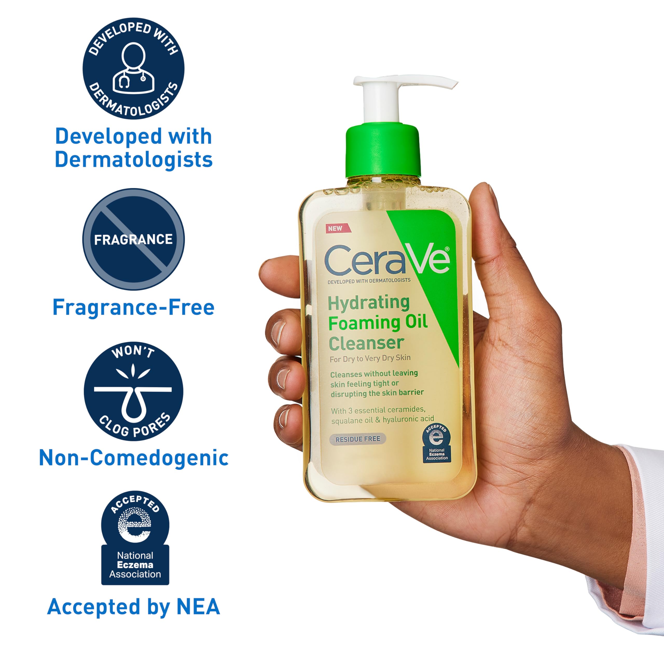 CeraVe ingredients illustration shows squalane and hyaluronic acid in clean formula.