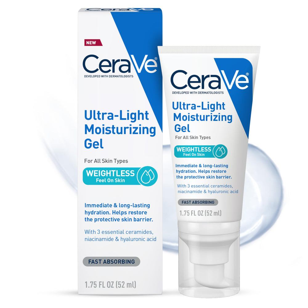 CeraVe Ultra-Light Moisturizing Gel bottle shows fragrance-free, oil-free hydration for daily use