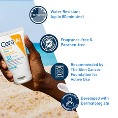 Cerave Zinc-oxide sunscreen on skin illustrates mineral-chemical blend.