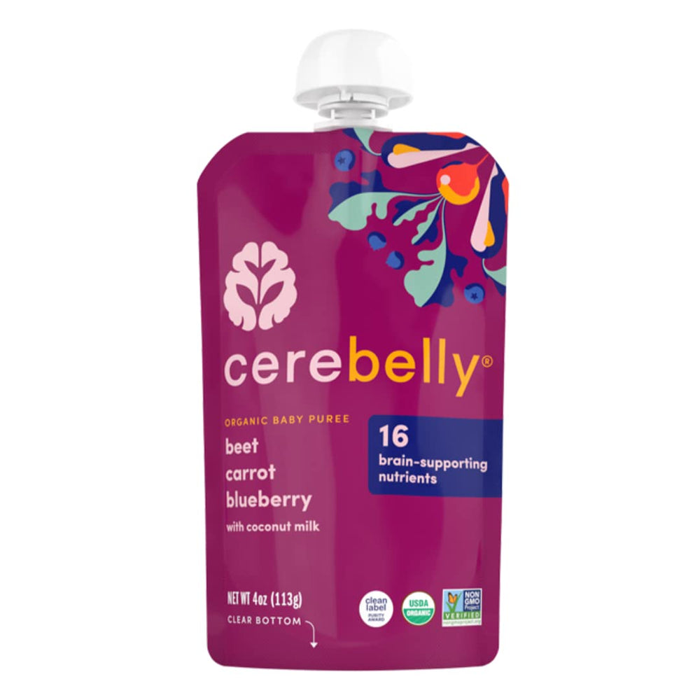 Cerebelly Beet Carrot Blueberry Pouch packaging shows organic ingredients for development