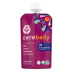 Cerebelly Beet Carrot Blueberry Pouch packaging shows organic ingredients for development