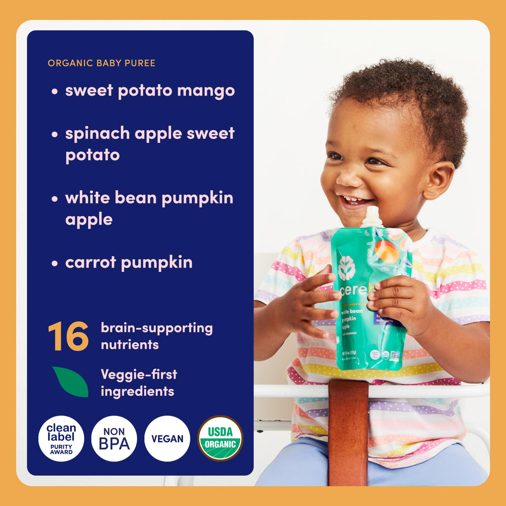 Cerebelly pouch with no added sugar featuring veggie and fruit puree.