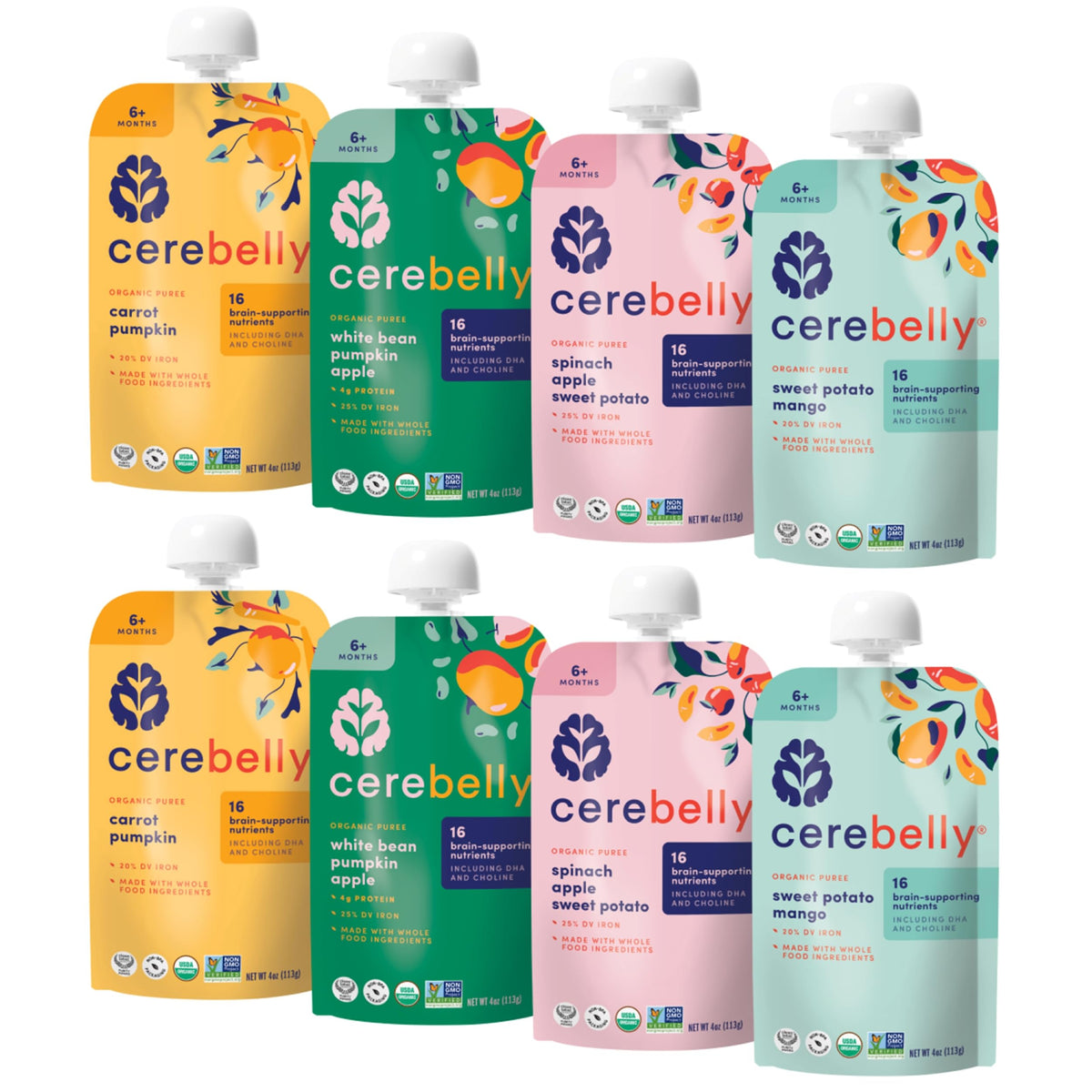 Cerebelly organic baby food pouches variety pack for on-the-go veggie and fruit meals.