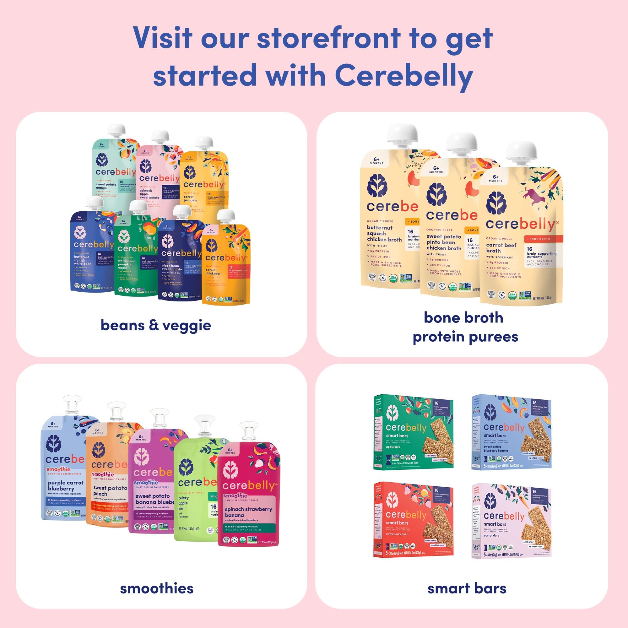 Cerebelly veggie and fruit puree in convenient, shelf-stable packaging.