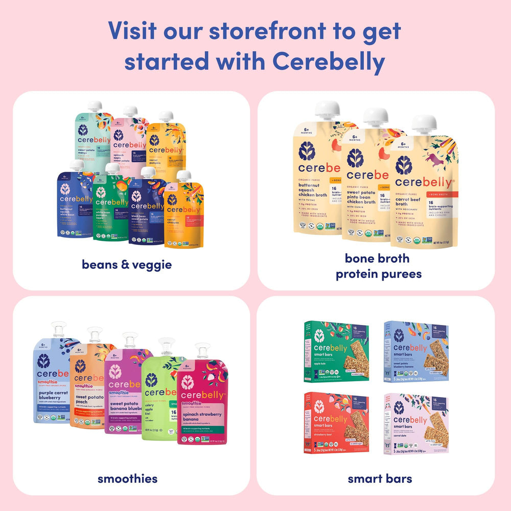 Cerebelly veggie and fruit puree in convenient, shelf-stable packaging.