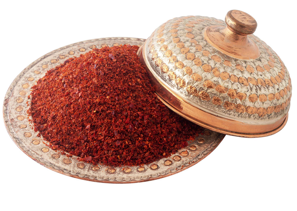 Rich red Aleppo Pepper flakes deliver depth and a gentle kick.