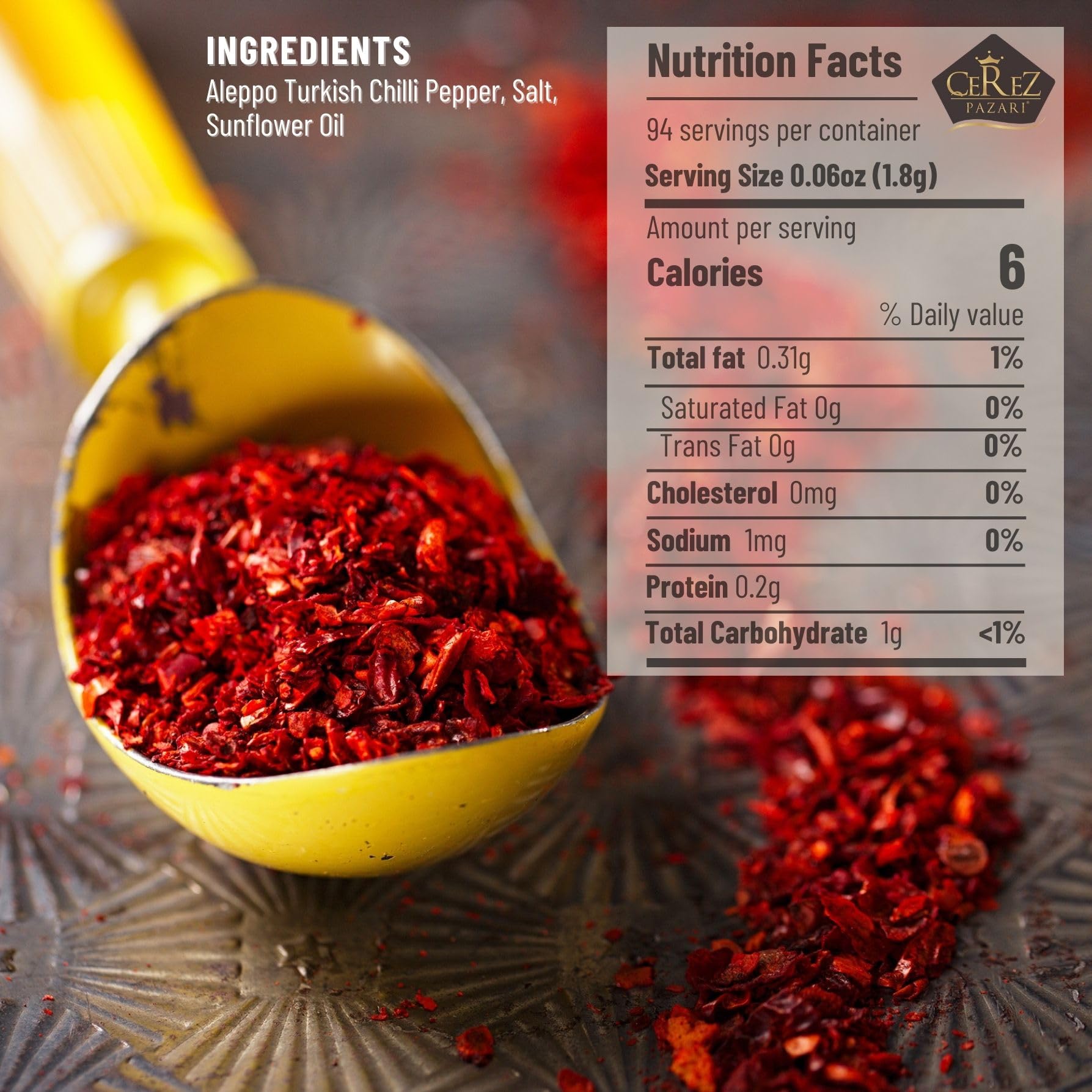 Close-up of crushed Aleppo Pepper flakes with bright color and fruity undertones.
