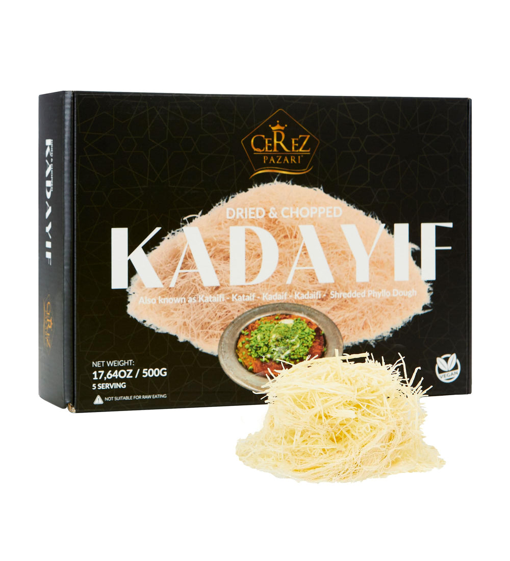 Çerez Pazarı Kataifi dough packaging highlights premium shredded pastry for quick desserts.