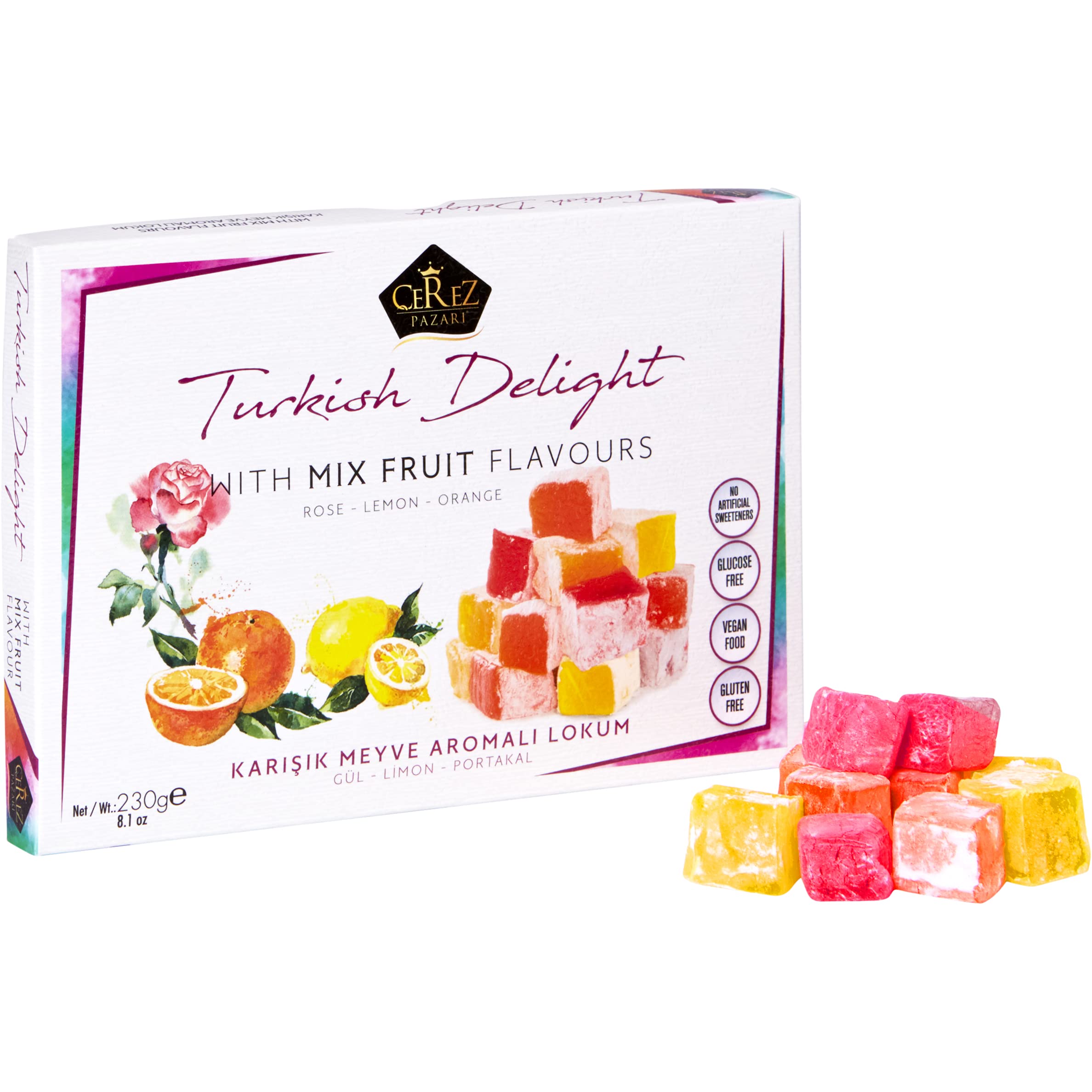 Cerez Pazari rose Turkish delight close-up with soft center and sugar dusting for tea time.
