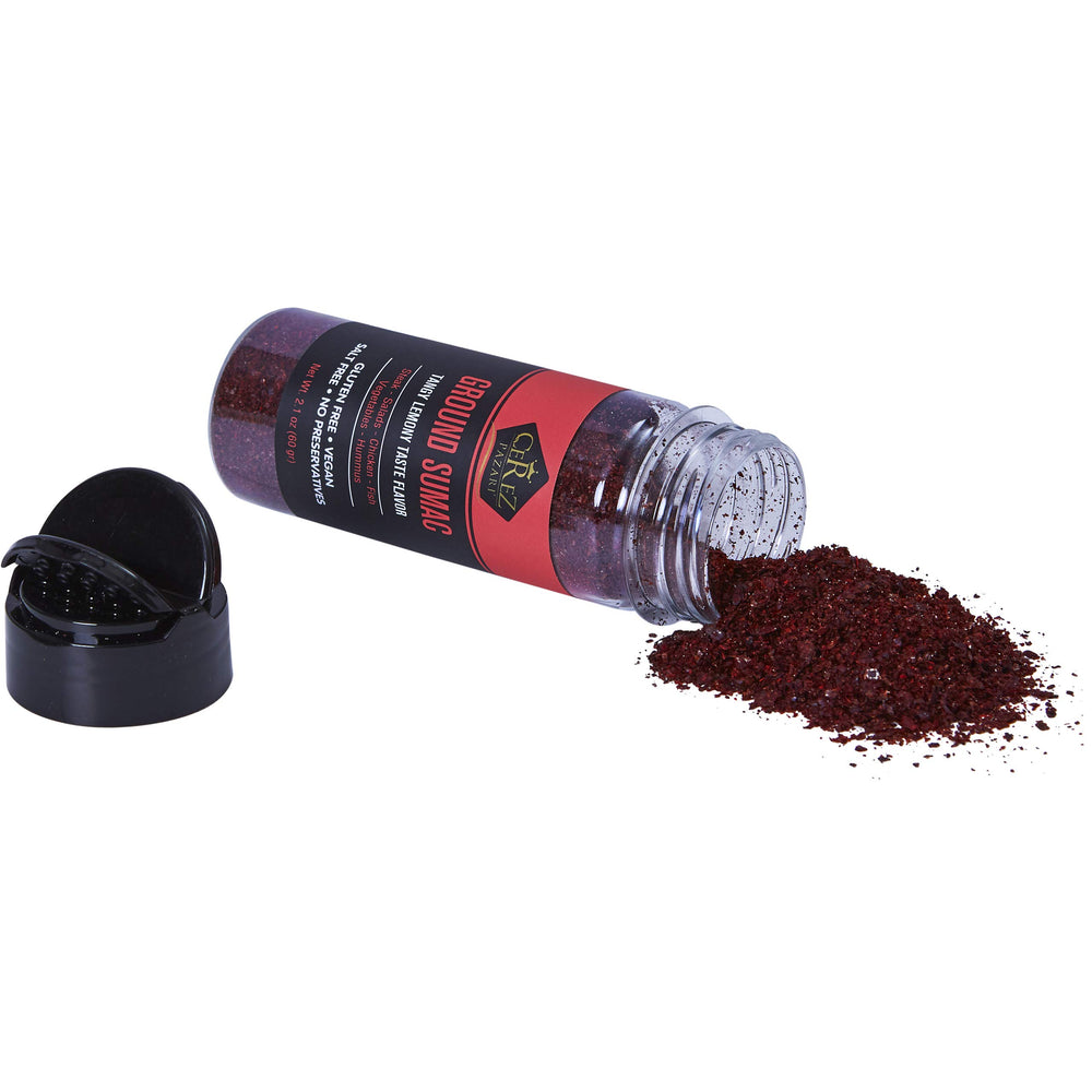 Cerez Pazari sumac spice cap enables easy pouring for seasoning.