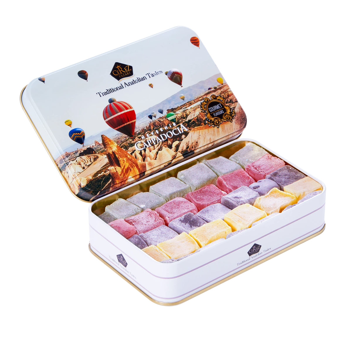 Cerez Pazari Turkish Delight gift tin with embossed lid, ideal for festive gifting.