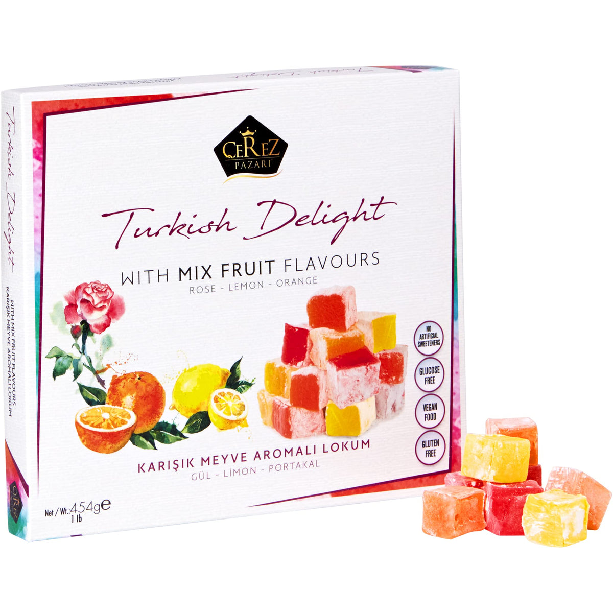Çerez Pazarı Turkish Delight rose flavor bites plated for tea time
