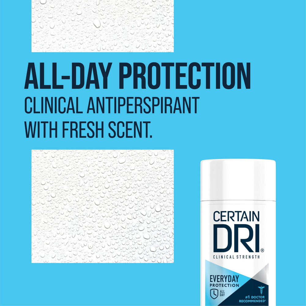Certain Dri Everyday Strength travel-size for on-the-go dryness and convenience.